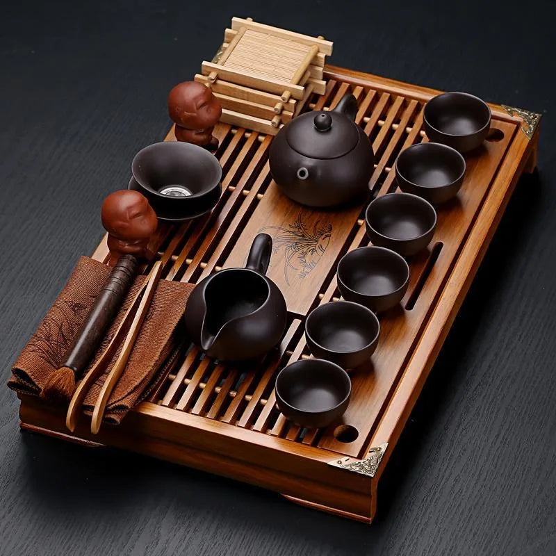 Set de ceai din ceramică Yixing cu tavă din lemn - mai multe variante