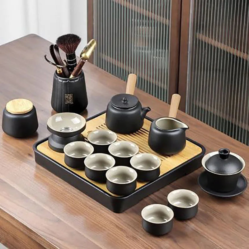 Set de ceai din ceramică neagră - design Zen