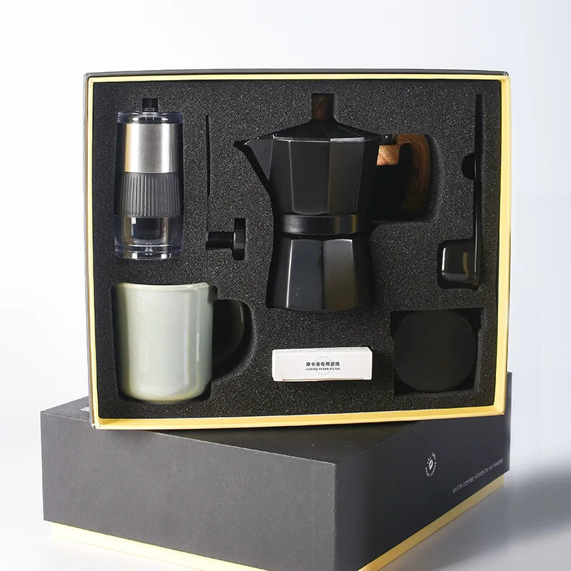 Set de cafea tradițională MokaPremium™ - moka pot și râșniță manuală pentru boabe de cafea