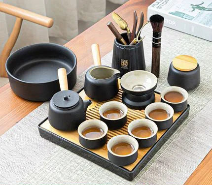 Set de ceai din ceramică neagră - design Zen