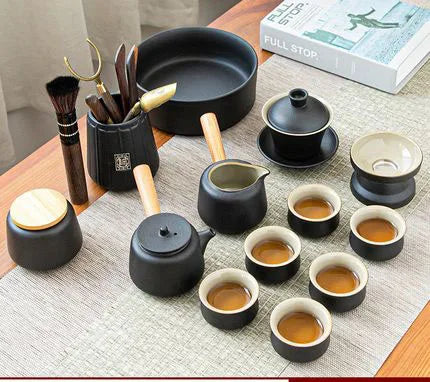 Set de ceai din ceramică neagră - design Zen